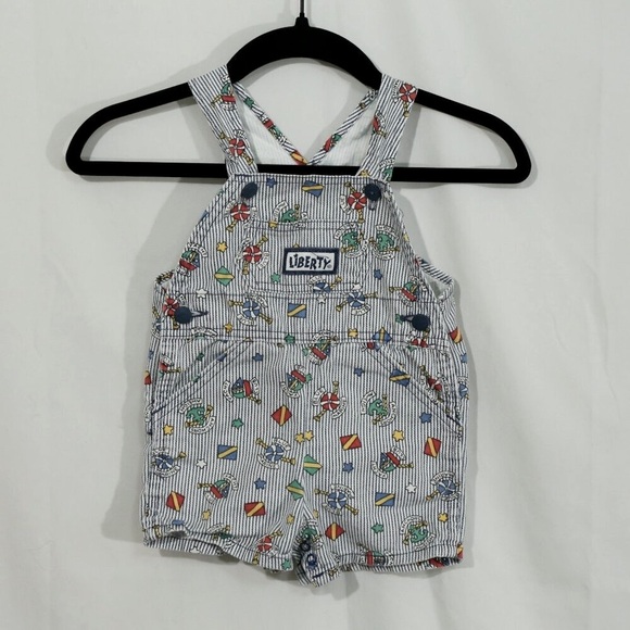 Vintage Liberty Kids Overalls Romper Nautical Print Blue Striped 90s Toddler - Picture 1 of 5